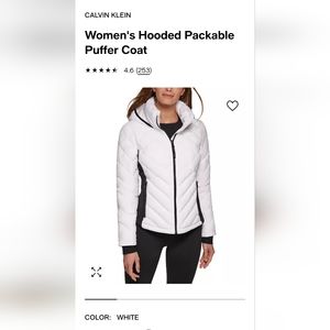 NWT Calvin Klein women's packable puffer w/hood. White w/black accents, Gorgeous